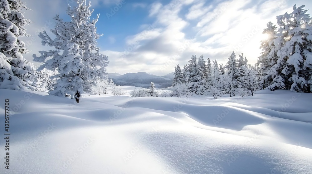 Winter Wonderland Scene with Freshly Fallen Snow on Trees and Hills : Generative AI Winter Wonderland Scene with Freshly Fallen Snow on Trees and Hills : Generative AI