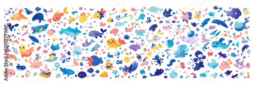 Cute cartoon animals in vibrant colors, including whales, fish, and sea creatures, create joyful underwater scene filled with playful designs and cheerful expressions