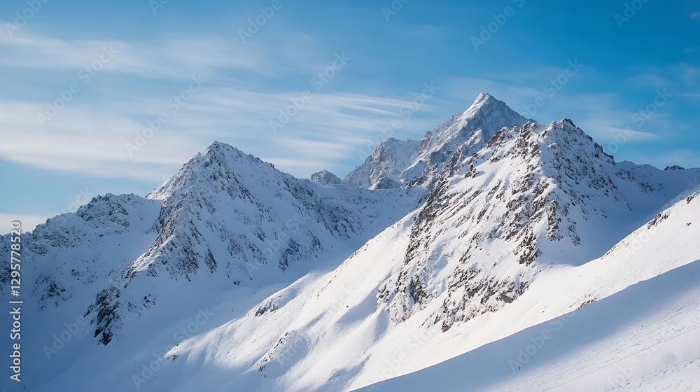 Majestic Snow Covered Mountains Under Clear Blue Sky at Daytime in Winter Landscape : Generative AI Majestic Snow Covered Mountains Under Clear Blue Sky at Daytime in Winter Landscape : Generative AI