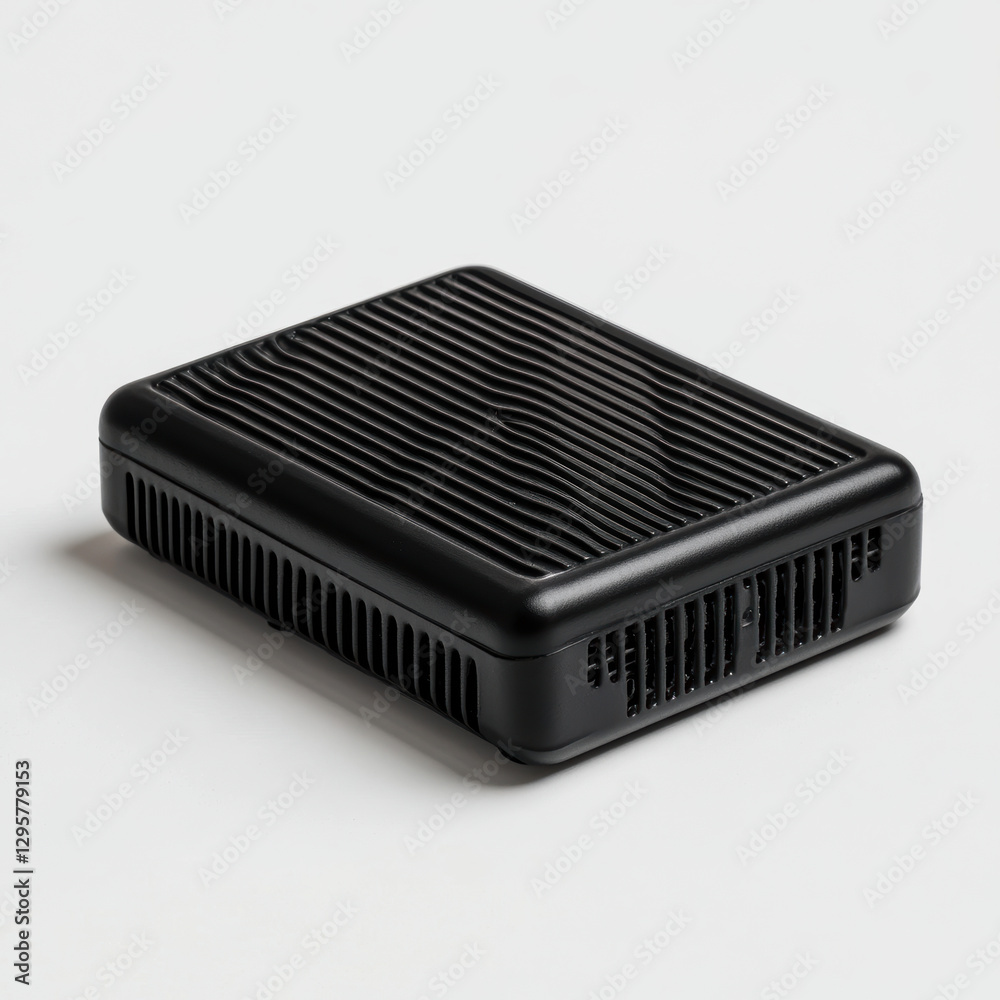Compact black electronic device with ventilation design on light background