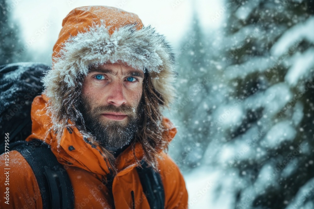 Fototapeta premium Young man in winter with fur and hood posing for the camera.
