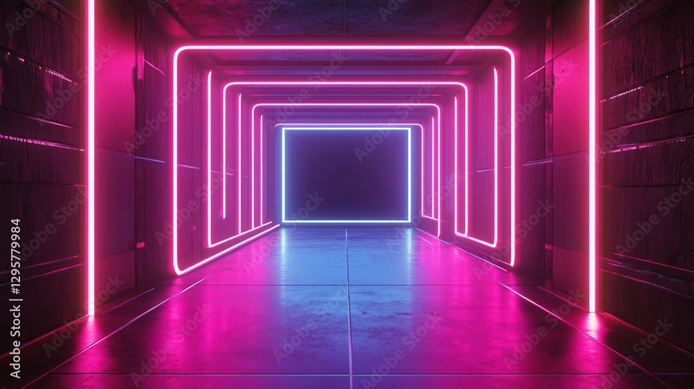Futuristic Neon Corridor with Vibrant Pink and Blue Lights in a Dark Setting, Creating an Atmosphere of Mystery and Modernity Futuristic Neon Corridor with Vibrant Pink and Blue Lights in a Dark Setting, Creating an Atmosphere of Mystery and Modernity