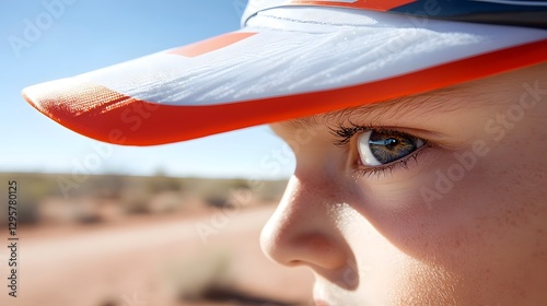 Closeup of a determined runner s eye peering out from under the brim of a visor with glaring sunlight and swirling dust in the background photo