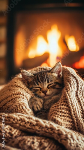Cozy Kitten Nap: A snug kitten is fast asleep wrapped in a warm knitted blanket in front of a crackling fireplace, embodying comfort and warmth.