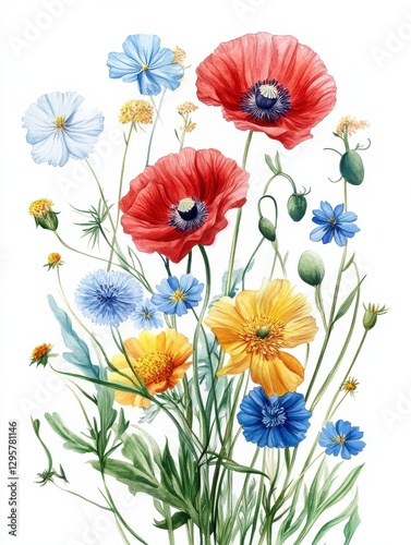 Poppy, chamomile, cornflower, clover, anemone and sunflower watercolor wildflowers.