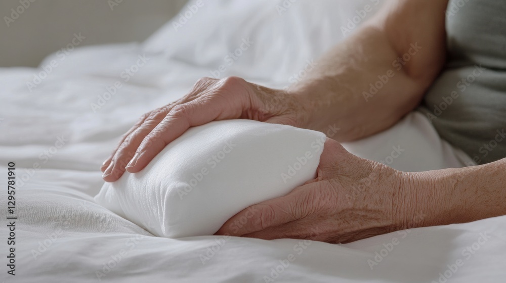 A senior person using a cold compress on their elbow in a tranquil bedroom. Featuring recovery and pain relief A senior person using a cold compress on their elbow in a tranquil bedroom. Featuring recovery and pain relief