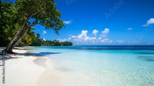 Idyllic Tropical Beach with Crystal Clear Water and Lush Green Palm Trees : Generative AI