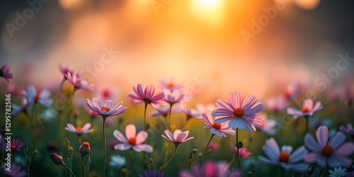 Pink spring flowers on meadow, blurry sunlight background and dreamy artistic bokeh lush foliage. Picturesque cosmos floral nature, amazing sunlight, love happiness mood. Spring summer meadow field