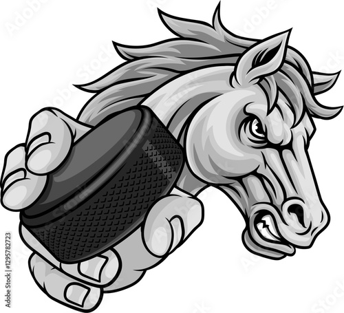 Horse mustang bronco stallion ice hockey angry sports team mascot holding a puck.