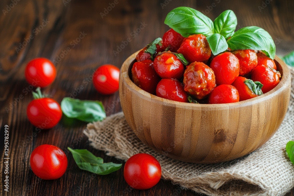 wooden bowl of meatballs in tomato sauce, on a burlap cloth with cherry tomatoes and basil leaves around it wooden bowl of meatballs in tomato sauce, on a burlap cloth with cherry tomatoes and basil leaves around it