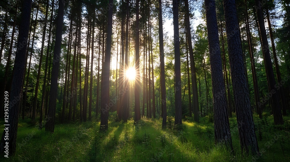 Obraz premium Dappled Sunlight Streaming Through Tall Trees in a Lush Green Forest : Generative AI