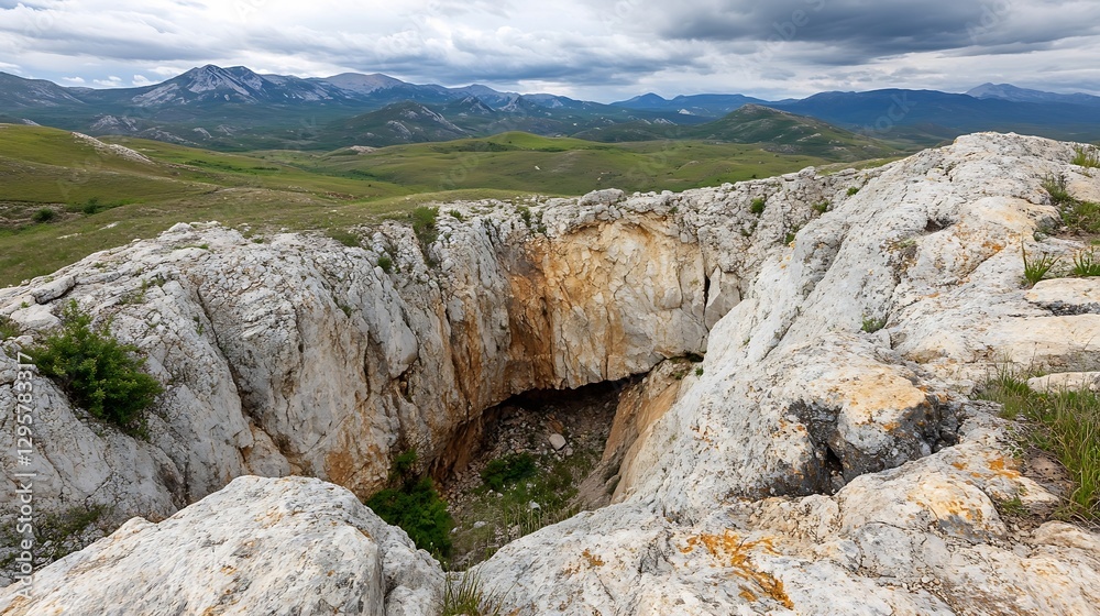 Majestic Rocky Canyon Surrounded by Lush Green Hills Under Dramatic Sky : Generative AI Majestic Rocky Canyon Surrounded by Lush Green Hills Under Dramatic Sky : Generative AI