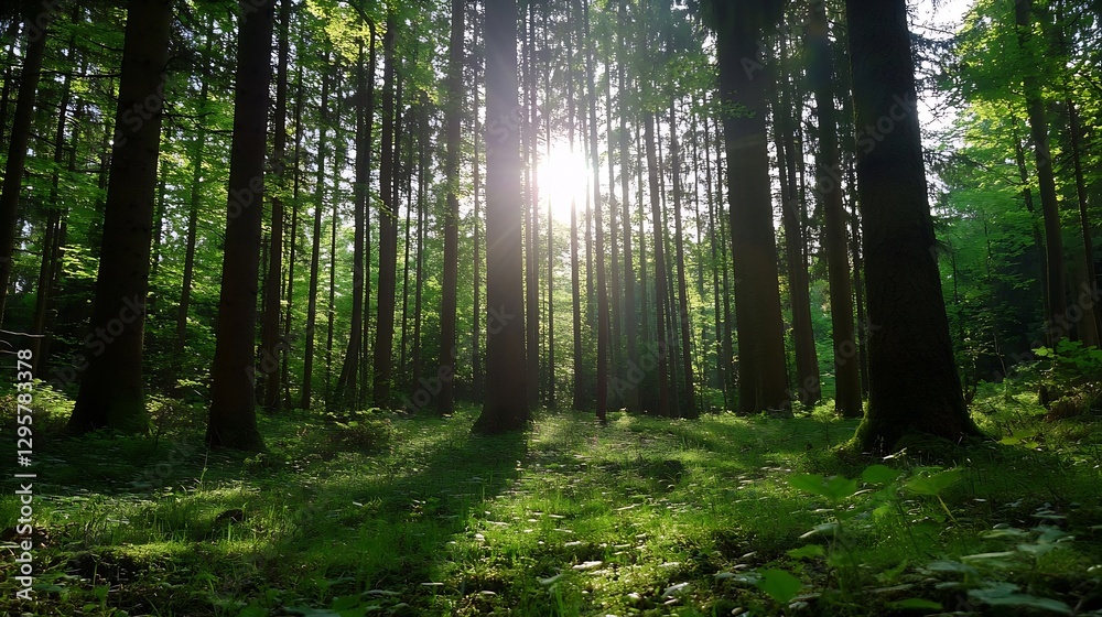 Fototapeta premium Sunbeams Filtering Through Tall Trees in Lush Green Forest : Generative AI