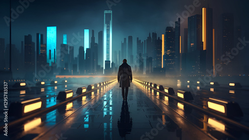 Lone Figure in a Futuristic Cyberpunk City