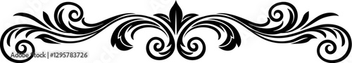 A filigree heraldic crest calligraphic motif, floral pattern horizontal divider design element. Original design in a vintage style.
