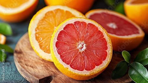 Fresh Naringenin Citrus Fruits Grapefruit and Oranges on Wooden Board photo