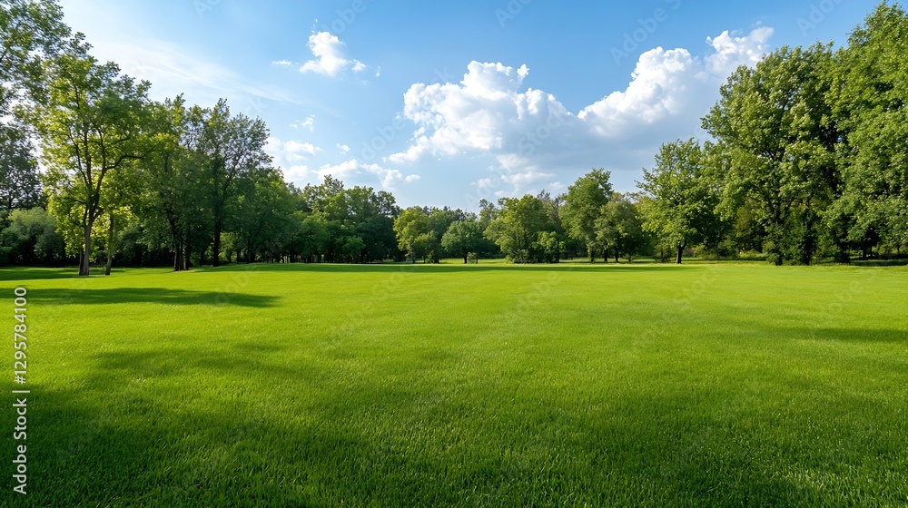 Lush Green Grass Field Surrounded by Trees Under Blue Sky with Fluffy Clouds : Generative AI Lush Green Grass Field Surrounded by Trees Under Blue Sky with Fluffy Clouds : Generative AI