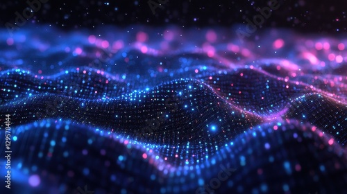 Abstract Digital Landscape with Colorful Light Particles and Waves