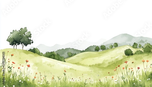 Fototapeta Naklejka Na Ścianę i Meble -  Watercolor painting of a tranquil hillside meadow with flowers, trees, and mountains
