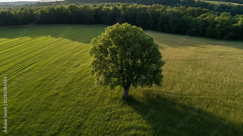 Obraz premium Lone Green Tree in Lush Meadow Surrounded by Vibrant Grass and Forests : Generative AI
