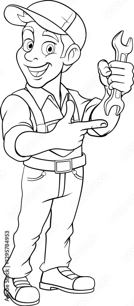 A mechanic or plumber handyman cartoon mascot man holding a wrench or spanner and pointing