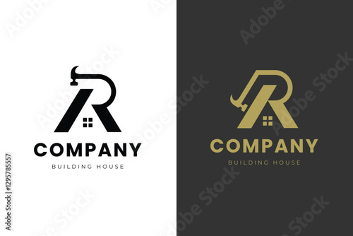 Letter R house with hammer logo icon designs simple line and elegant graphic symbol. building, repairing the home logo template