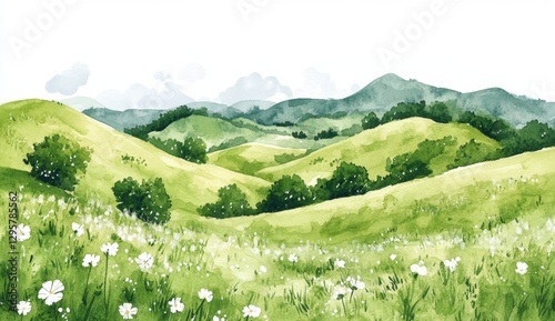 Fototapeta Naklejka Na Ścianę i Meble -  Watercolor landscape, rolling hills, wildflowers, mountains