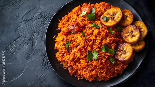 A plate of orange jollof rice is topped with fried plantain slices and fresh herbs on black textured background
