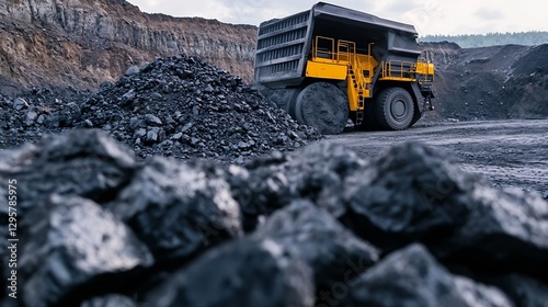 Heavy Mining Dump Truck on Site Surrounded by Coal Piles and Machinery : Generative AI