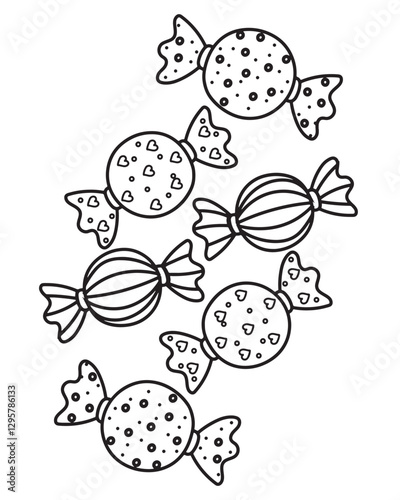 Black and white hand drawn illustration of various wrapped candies with different decorative patterns. Perfect for coloring pages, festive themes, and confectionery related designs.