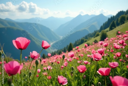Pink poppies sway gently in the breeze on a mountain slope, breeze, wildflowers, pink poppies