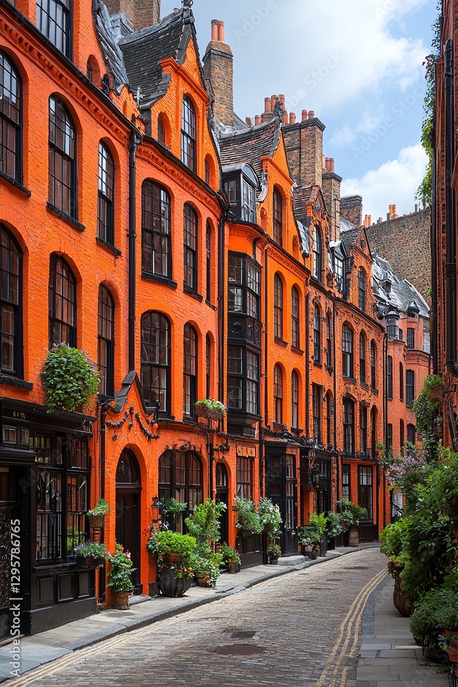 Fototapeta premium A cobblestone street lined with red brick buildings
