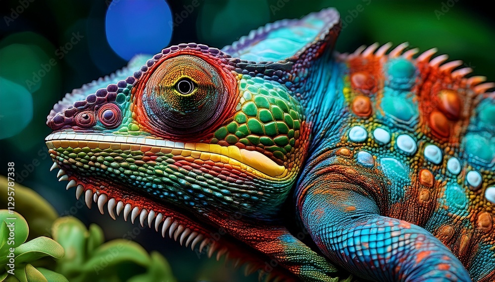 Obraz premium Close-Up of a Chameleon’s Skin Showing Fine Details of Scales and Subtle Shimmer