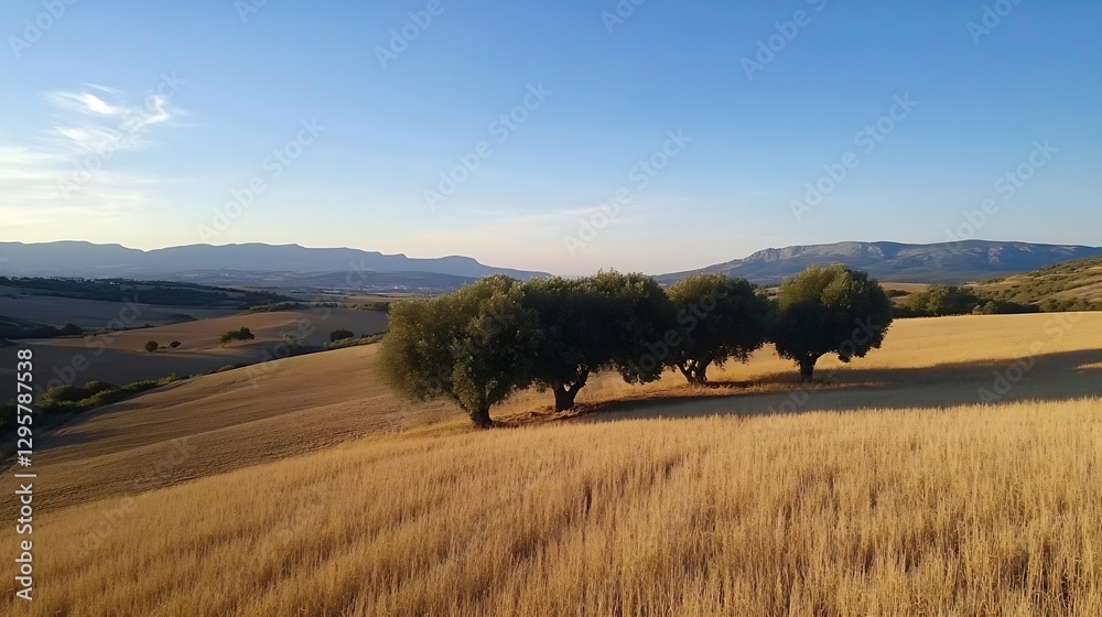 Fototapeta premium Sunlit field with olive trees under a clear blue sky during sunset : Generative AI