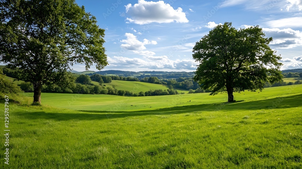 Serene Green Landscape with Trees Under Bright Blue Sky and Fluffy Clouds : Generative AI Serene Green Landscape with Trees Under Bright Blue Sky and Fluffy Clouds : Generative AI