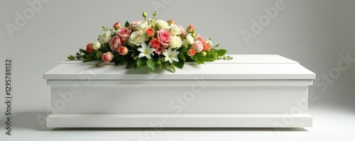 Simple white casket with floral arrangement in front, bouquet, casket