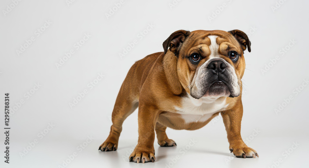 Adorable Brown and White English Bulldog Puppy Standing on White Background Studio Shot Adorable Brown and White English Bulldog Puppy Standing on White Background Studio Shot
