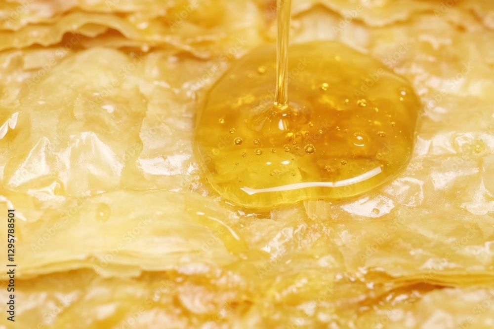 Honey Drizzling on Golden Phyllo Pastry Sheets - Close-Up Gourmet Dessert