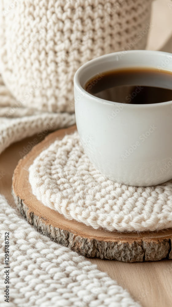 Cup of Coffee on a Wooden Coaster with Knit Blanket in Cozy Morning Setting Cup of Coffee on a Wooden Coaster with Knit Blanket in Cozy Morning Setting