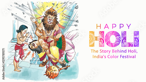 Happy Holi: Uncovering the Story hand illustration and Concept Behind India's Vibrant Color Festival. The Legend of Narasimha Avatar: Prahlad's Faith and Hiranyakashipu's Downfall in Hindu Mythology.