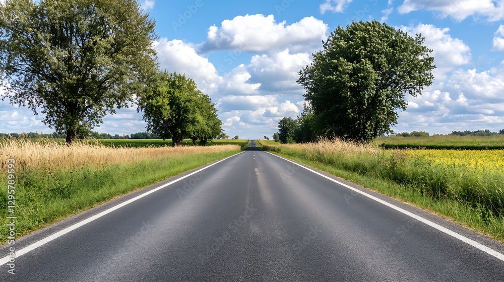 Scenic Open Road Surrounded by Lush Greenery and Blue Sky with Clouds in the Background : Generative AI Scenic Open Road Surrounded by Lush Greenery and Blue Sky with Clouds in the Background : Generative AI