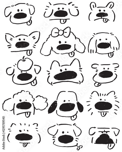 Collection of hand drawn, minimalist dog faces with different expressions and features, such as bows, fluffy ears, and tongues sticking out. The playful doodle style illustration showcases various 