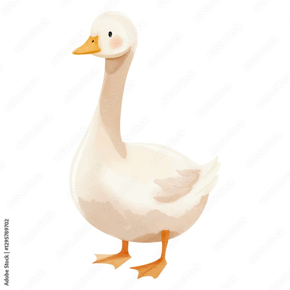 Cute goose in watercolor style. Hand drawn farm animals. Watercolor goose