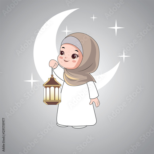 A cute Muslim girl holding a Ramadan lantern with a crescent moon and stars, perfect for festive and Islamic-themed designs.