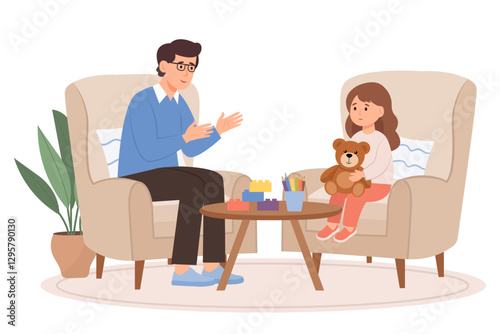 Child psychologist works with small girl on the armchair. Psychological support. Doldrums concept. Vector flat  illustration