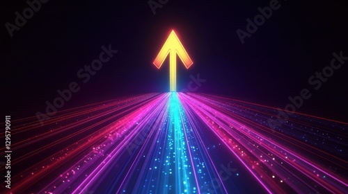 A sleek arrow pointing up created by glowing beams in multiple vibrant colors giving a fast and energetic visual impression on a dark background. Futuristic digital with a dynamic