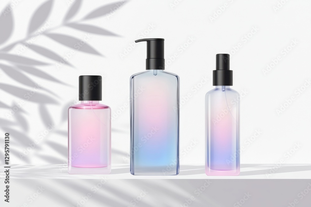 Gradient pastel cosmetic bottles with leaf shadows Gradient pastel cosmetic bottles with leaf shadows