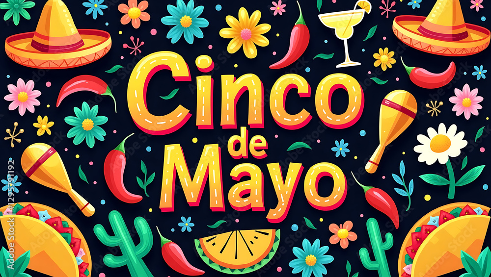Fototapeta premium May 5 Cinco de Mayo paper flag banner for Mexico holiday and Happy Cinco de Mayo Fiesta. Poster, Flyer, Post, Banner, Cover, Greeting, Mexican holiday