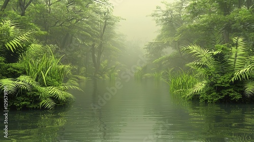 Serene MistShrouded River in Lush Green Jungle photo