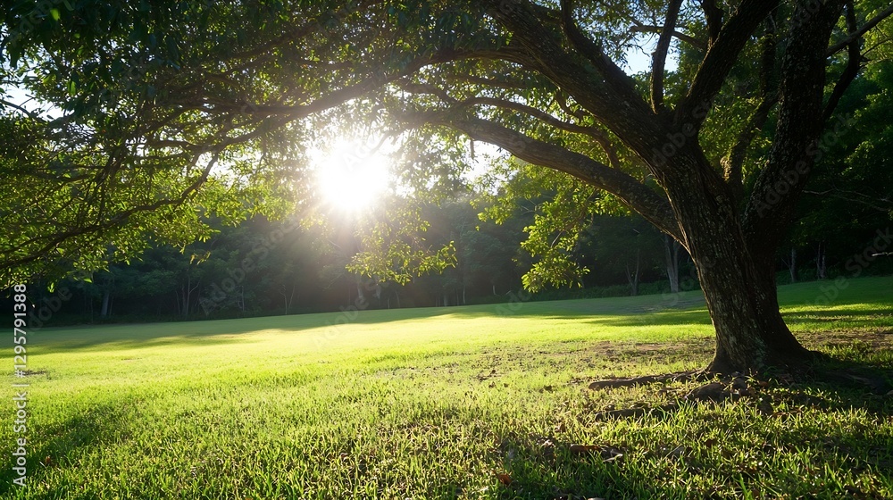 Obraz premium Golden sun rays shining through lush green tree leaves on a sunny day in a tranquil park setting : Generative AI